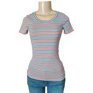 J Crew T-Shirt Womens XXS White Blue Orange Striped Perfect Fit Tee